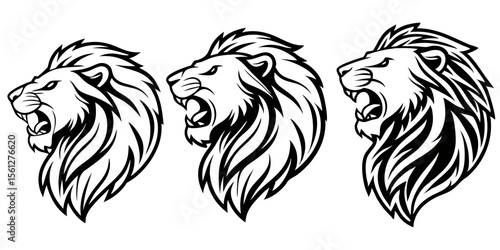 Wild Lion Head Tattoo Sketch Set with Roaring King Faces Line Art