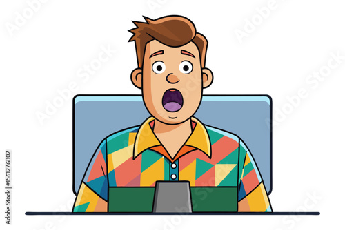 Cartoon man with wide eyes and open mouth wearing a colorful geometric pattern shirt seated at a desk with a surprised expression