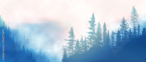 Forest and mountain taiga in morning fog, panoramic view, vector illustration