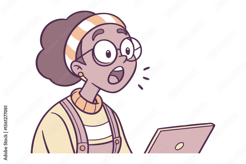 Startled Expression: An Illustration of surprised woman in a modern outfit, glasses, her mouth agape, conveying a sense of shock or amazement. Startled Expression: An Illustration of surprised woman in a modern outfit, glasses, her mouth agape, conveying a sense of shock or amazement.