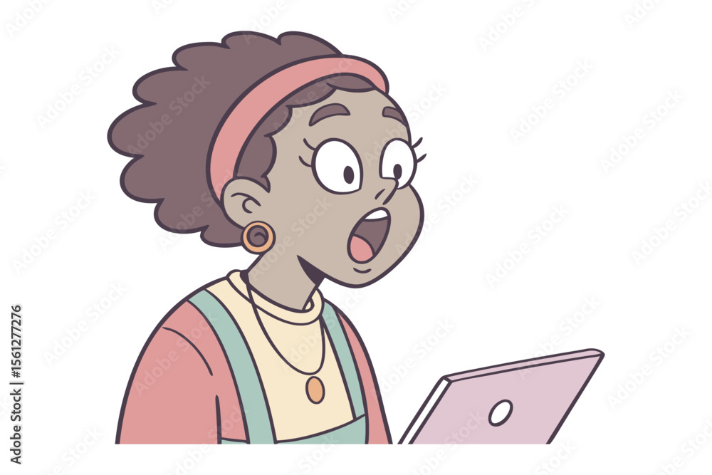 Surprised Girl: A cartoon illustration of a young girl with dark curly hair and a surprised expression looking at a tablet. Surprised Girl: A cartoon illustration of a young girl with dark curly hair and a surprised expression looking at a tablet.