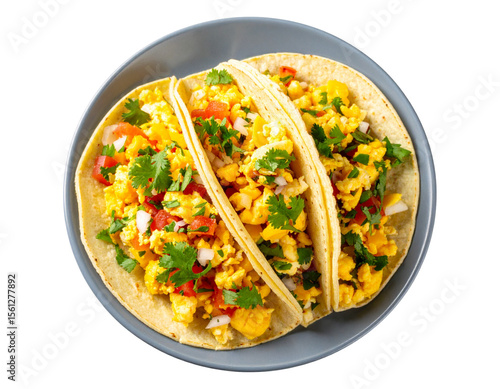  Scrambled Egg Breakfast Taco with Fresh Salsa and Cilantro, Top View on White Background
