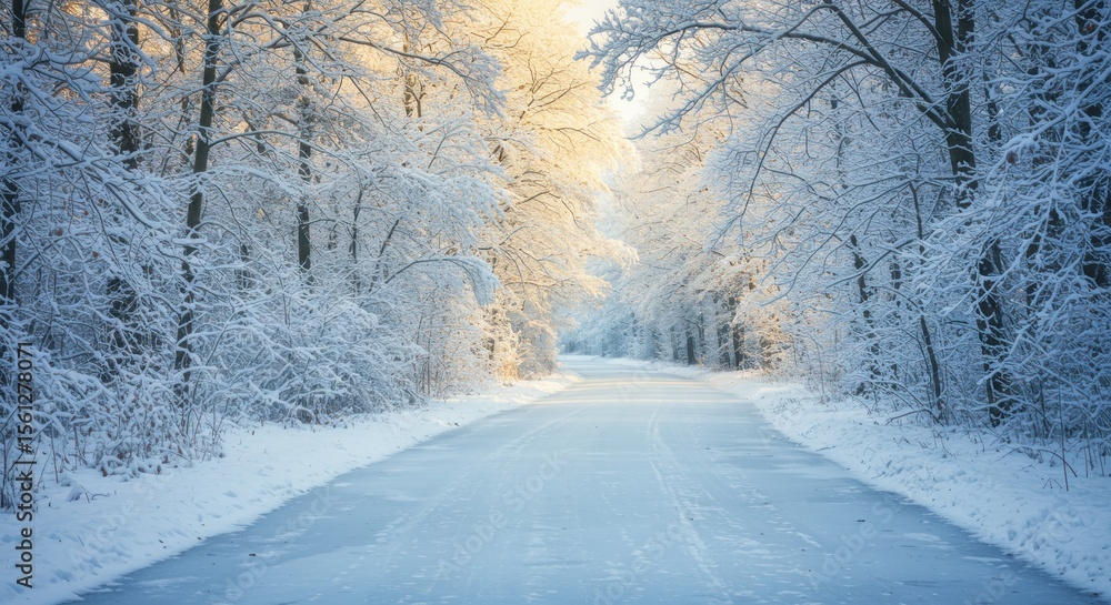 Icy pathway cutting through a snow-covered winter forest illuminated by gentle sunlight Icy pathway cutting through a snow-covered winter forest illuminated by gentle sunlight