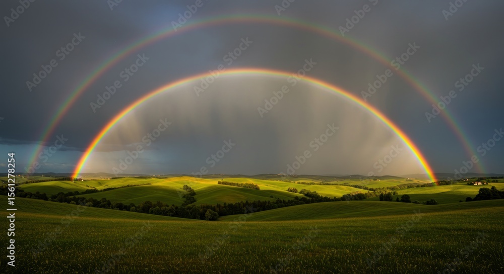 Fototapeta premium Lush green hills landscape with vibrant double rainbow under dramatic cloudy sky