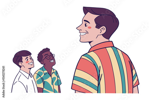Diverse group of smiling men in casual attire looking upwards together in a moment of shared positive emotion and connection