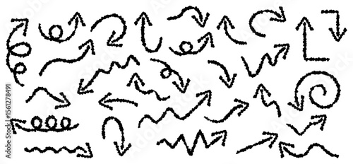 クレヨンタッチのシンプルな黒い矢印のアイコンセット