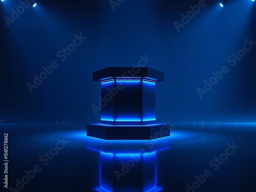 Hexagonal pedestal with blue neon lights; futuristic, dark, and mysterious product display.