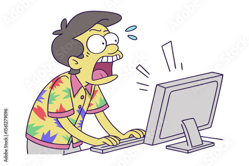 Shocked cartoon man in hawaiian shirt reacts with wide eyes and open mouth to something terrifying on his computer screen