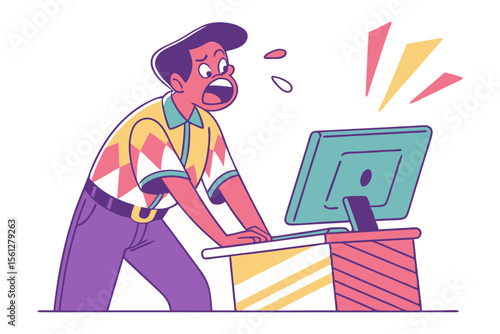 Shocked businessman reacts to computer screen with exaggerated expression and bursting energy lines
