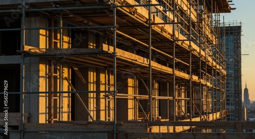 Wallpaper Mural Urban development: scaffolding structure reflecting warm sunset light on unfinished edifice Torontodigital.ca