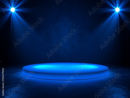 Illuminated Blue Stage Platform: Dramatic Spotlight Backdrop, Modern Design