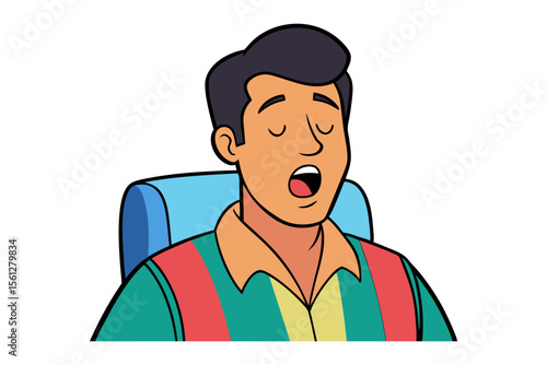 Cartoon man yawning widely while sitting in a chair with eyes closed and mouth open showing tongue