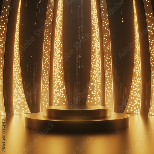 Elegant Gold Podium with Warm Lighting and Festive Bokeh Background
