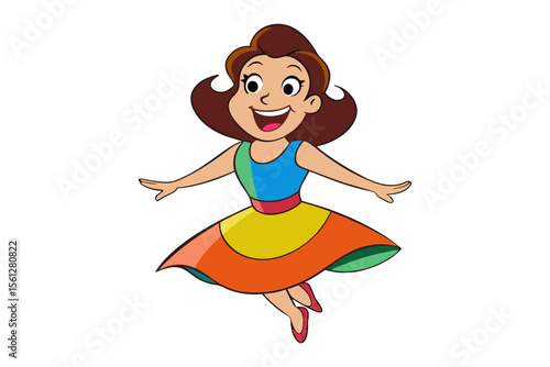 A joyful cartoon girl: A happy cartoon girl with vibrant dress and hair. Smiling and extending her arms, radiates pure joy and playful energy.