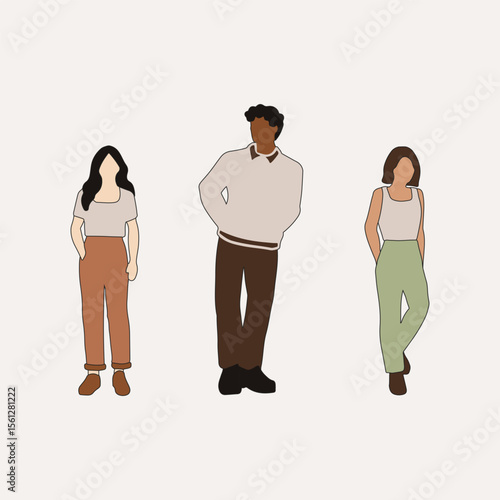flat minimal people male and female vector illustration in spring summer clothing with outline concept isolated set collection. For architecture rendering, graphic design, info graphic, media