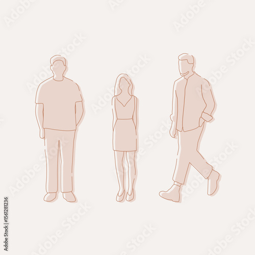 flat minimal people male and female vector illustration in spring summer clothing concept isolated set collection. Outline with silhouette shadow. For architecture, design, info graphic, media