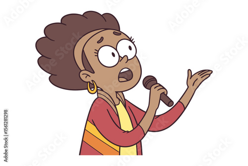 Vocal Performance: A cartoon figure with expressive eyes and outstretched hand sings into a microphone, conveying a passionate vocal performance and captivating the attention.