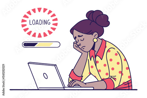 Frustrated woman with head in hand stares at a slow loading progress bar on her laptop screen