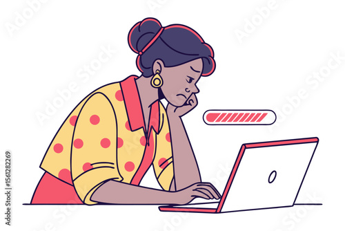 Frustrated woman with a loading bar on her laptop screen experiencing slow technology or a technical issue