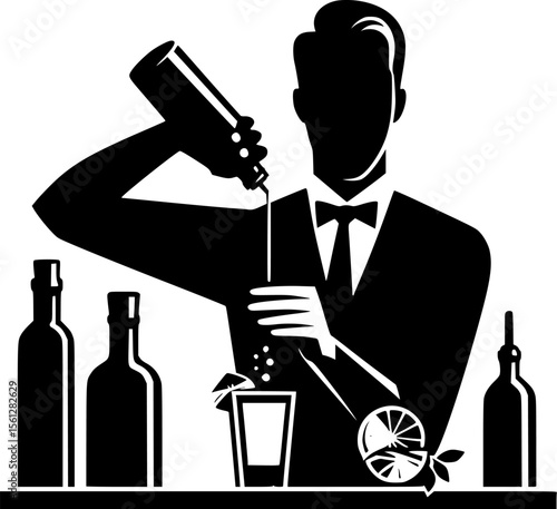 Silhouette of a bartender shaking cocktail behind counter