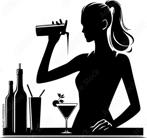 Silhouette of a bartender shaking cocktail behind counter