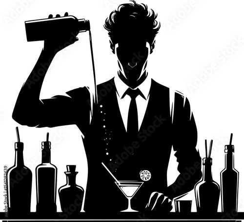 Silhouette of a bartender shaking cocktail behind counter