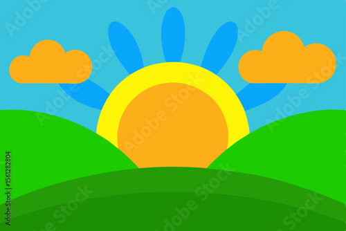 Beautiful Green Meadow Sunrise Landscape Vector