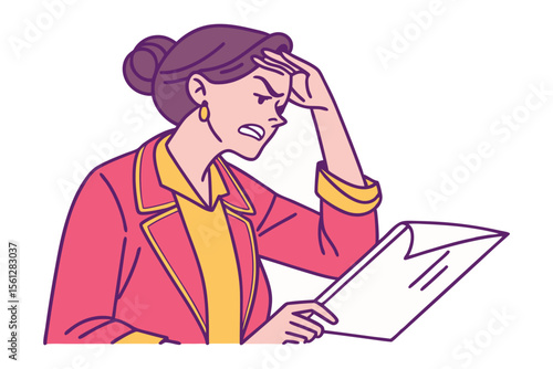 Frustrated woman holding her forehead while reading a document expressing disappointment and stress