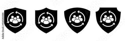 User protection icon set. Shield with people and arrows symbolizing secure communication, privacy, teamwork, data safety, group management and community trust