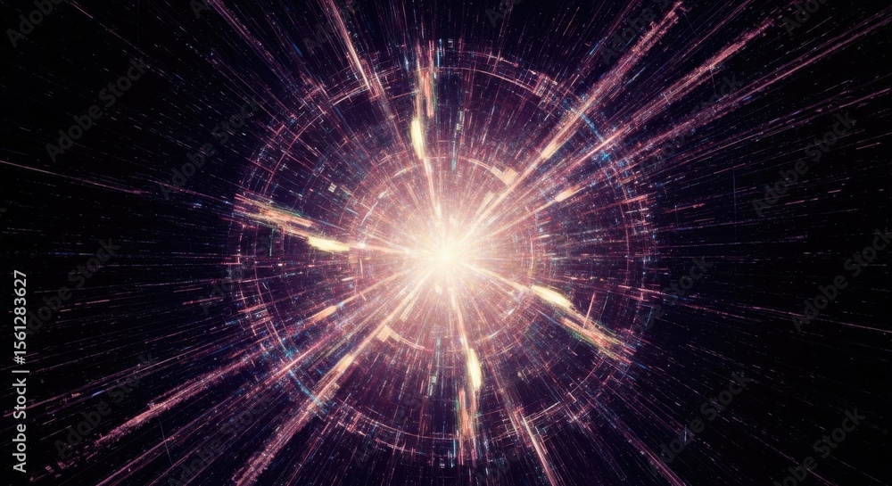 Fototapeta premium Abstract visualization of a vibrant cosmic explosion with radiating energy and glowing particles against a dark void