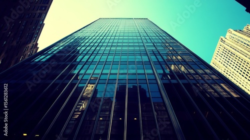 Wallpaper Mural A towering skyscraper dominates the cityscape, its glass facade reflecting the sky and surrounding buildings.  The low-angle shot emphasizes its imposing height and modern design Torontodigital.ca
