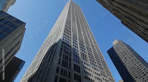 A towering skyscraper dominates the cityscape, its sleek facade reaching towards a clear blue sky, surrounded by neighboring buildings