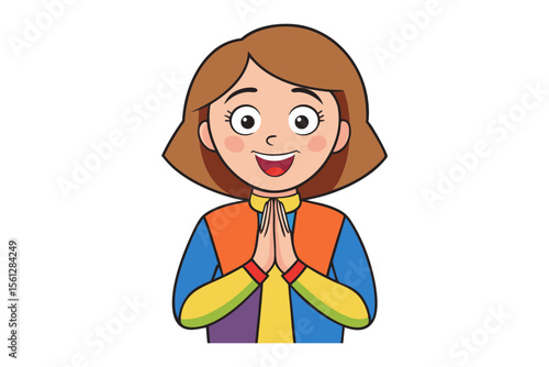 Joyful cartoon girl with brown hair and rosy cheeks wearing a colorful patchwork outfit and offering a warm greeting with her hands pressed together