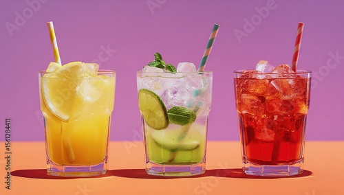 Wallpaper Mural Three drinks with ice and straws in glasses, including lemonade, iced tea, and a cocktail, with empty space for text. High quality Torontodigital.ca