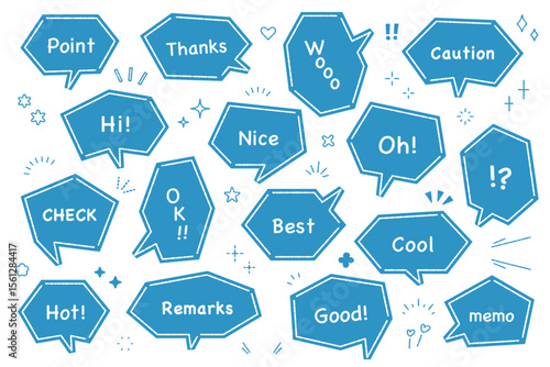 カクカクした吹き出しのベクターイラストセット　アクセント　フレーム　飾り　装飾　キラキラ　英語