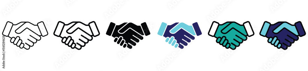 Handshake Icon Set in Line, Solid, and Color Variations for Business and Partnership Concepts
Handshake Icon Set in Line, Solid, and Color Variations for Business and Partnership Concepts