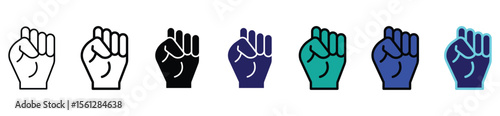 Fist Raised Icon Set in Line, Solid, and Color Styles for Power, Protest, and Solidarity Themes