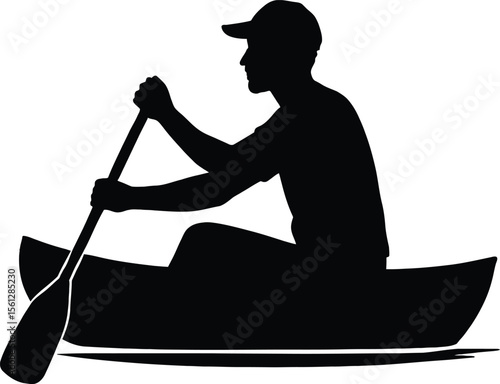 Man Rowing Boat with Paddle Solid Black Silhouette Vector Illustration on White Background