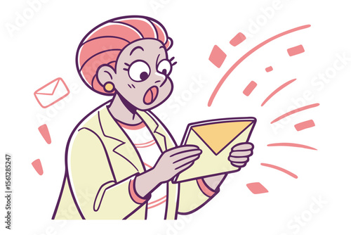 Surprised woman reacts to receiving an important email with shocked expression and open mouth holding an envelope