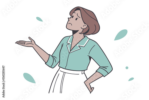 Uncertain Woman in Doubt: A vector-style illustration of a woman with a questioning expression, hands outstretched in a pose of uncertainty. Depicting a moment of reflection and apprehension.