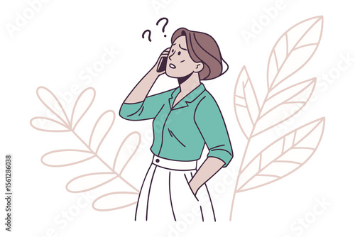 Confused Call: A woman in casual wear, looks perplexed while engaging in a phone conversation, framed by minimalistic floral elements, reflecting themes of communication challenges.