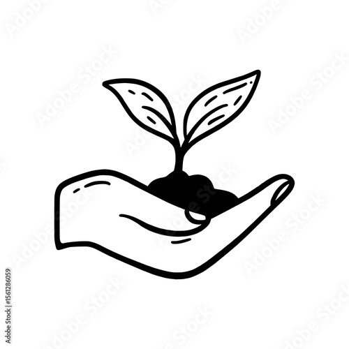 Hand-Drawn Plant in Hand Doodle Vector – Eco Growth and Nature Care Sketch Illustration
