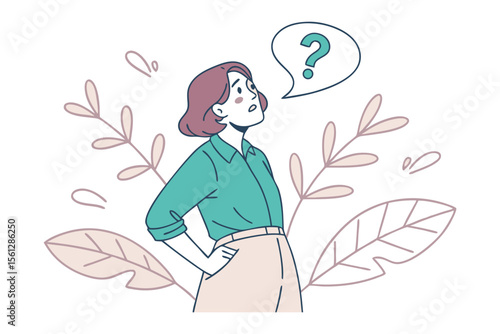 Uncertainty: A person with a questioning expression, the image has a speech bubble with a question mark, conveying a sense of curiosity and pondering surrounded by botanical design.