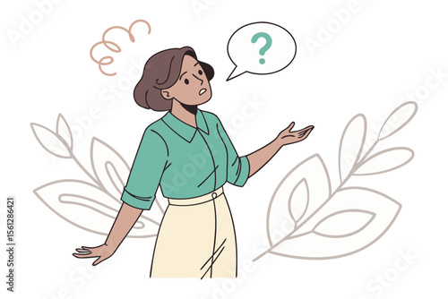 Intrigued Woman: The image captures a woman in a state of pondering with a thought bubble above her head, a graphic display of curiosity and reflection.