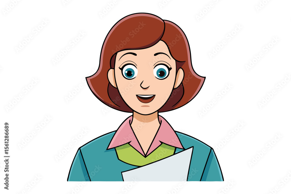 Fototapeta premium Friendly cartoon woman with short brown hair and blue eyes wearing a teal jacket and pink shirt holding a document