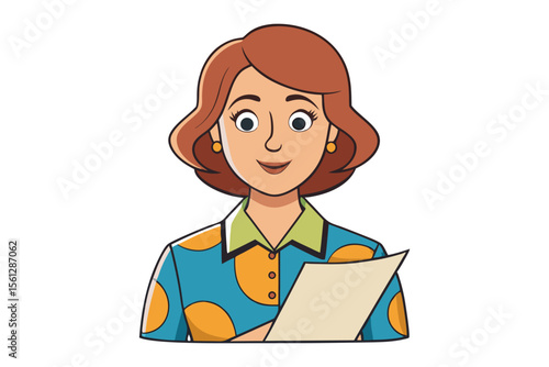 Friendly cartoon woman with auburn hair and a colorful polka dot shirt holding a blank piece of paper