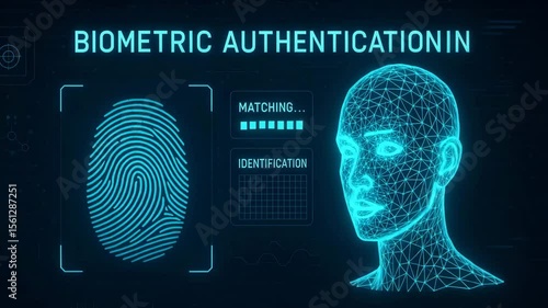 A digital representation showcasing biometric authentication, featuring a fingerprint and facial recognition. This technology enhances security and privacy in various applications.