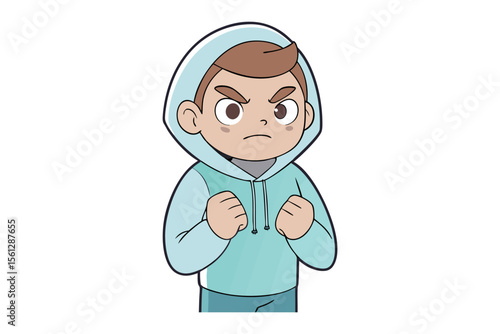 Expressive Cartoon Boy: A vibrant cartoon illustration of a boy in a light blue hoodie, displaying an intense facial expression, fists clenched, embodies a range of emotions.