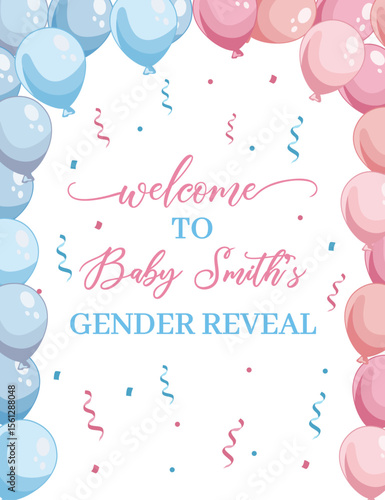 Baby gender reveal welcome sign Blue and pink balloons Girl or boy