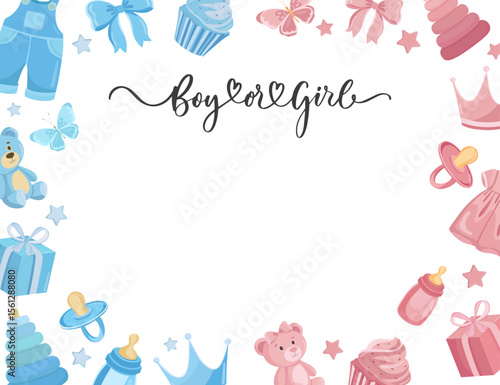 Boy or girl gender reveal background wirh baby flat illustrations